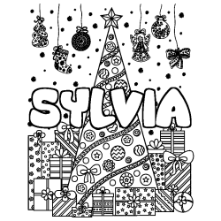 Coloring page first name SYLVIA - Christmas tree and presents background