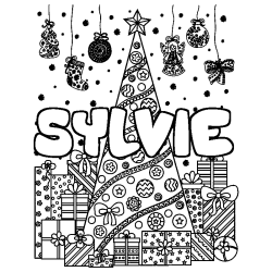 Coloring page first name SYLVIE - Christmas tree and presents background