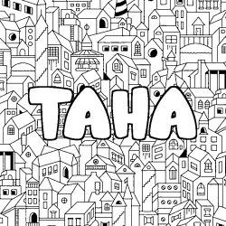 Coloring page first name TAHA - City background