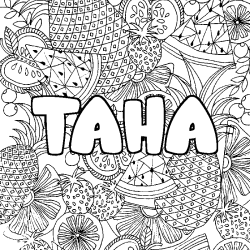 Coloring page first name TAHA - Fruits mandala background