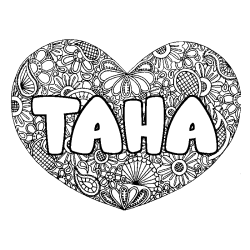 Coloring page first name TAHA - Heart mandala background
