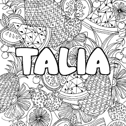 Coloring page first name TALIA - Fruits mandala background