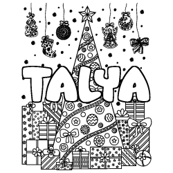 Coloring page first name TALYA - Christmas tree and presents background