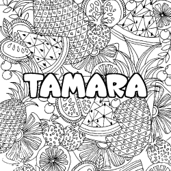 Coloring page first name TAMARA - Fruits mandala background