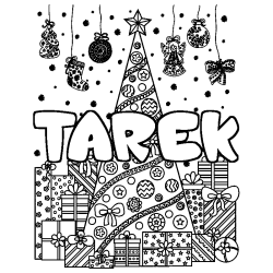 Coloring page first name TAREK - Christmas tree and presents background