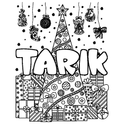 Coloring page first name TARIK - Christmas tree and presents background