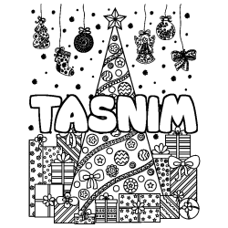 Coloring page first name TASNIM - Christmas tree and presents background