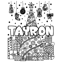 Coloring page first name TAYRON - Christmas tree and presents background