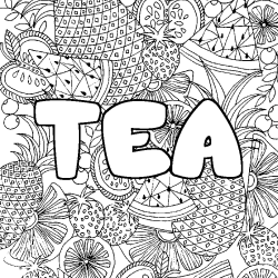 Coloring page first name TEA - Fruits mandala background