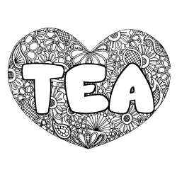 Coloring page first name TEA - Heart mandala background