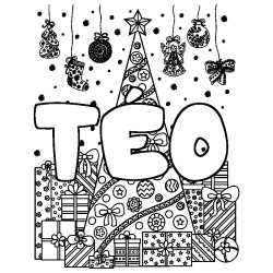 Coloring page first name TÉO - Christmas tree and presents background