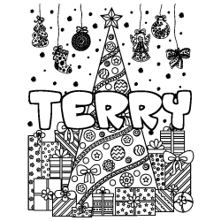 Coloring page first name TERRY - Christmas tree and presents background