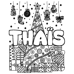 Coloring page first name THAÏS - Christmas tree and presents background