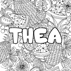 Coloring page first name THEA - Fruits mandala background