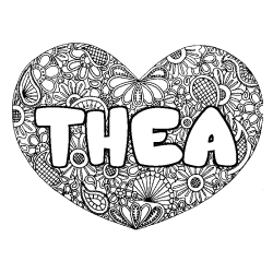 Coloring page first name THEA - Heart mandala background