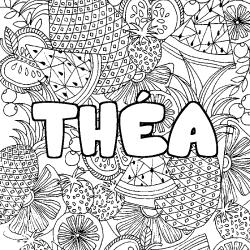 Coloring page first name THÉA - Fruits mandala background