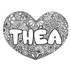 Coloring page first name THÉA - Heart mandala background