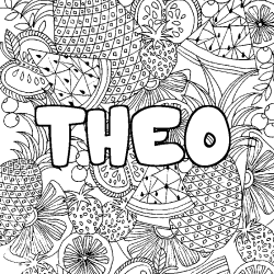 Coloring page first name THEO - Fruits mandala background