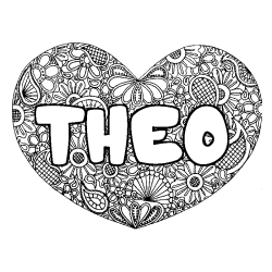 Coloring page first name THEO - Heart mandala background