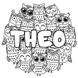 Coloring page first name THEO - Owls background