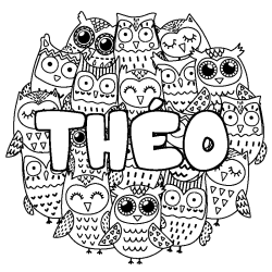 Coloring page first name THÉO - Owls background