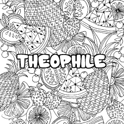 Coloring page first name THEOPHILE - Fruits mandala background