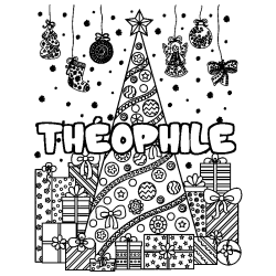 Coloring page first name THÉOPHILE - Christmas tree and presents background
