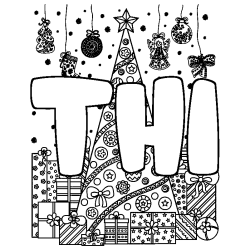 Coloring page first name THI - Christmas tree and presents background