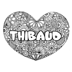 Coloring page first name THIBAUD - Heart mandala background