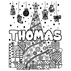 Coloring page first name THOMAS - Christmas tree and presents background