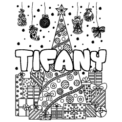 Coloring page first name TIFANY - Christmas tree and presents background