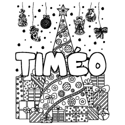 Coloring page first name TIMÉO - Christmas tree and presents background