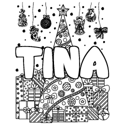 Coloring page first name TINA - Christmas tree and presents background
