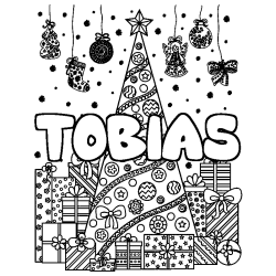 Coloring page first name TOBIAS - Christmas tree and presents background
