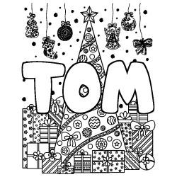Coloring page first name TOM - Christmas tree and presents background