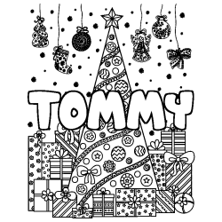 Coloring page first name TOMMY - Christmas tree and presents background
