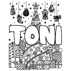 Coloring page first name TONI - Christmas tree and presents background