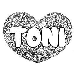 Coloring page first name TONI - Heart mandala background