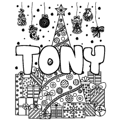 Coloring page first name TONY - Christmas tree and presents background