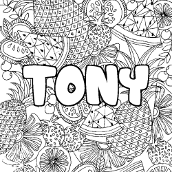 Coloring page first name TONY - Fruits mandala background