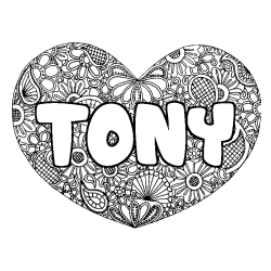 Coloring page first name TONY - Heart mandala background