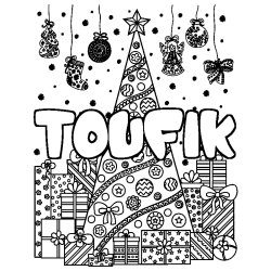 Coloring page first name TOUFIK - Christmas tree and presents background
