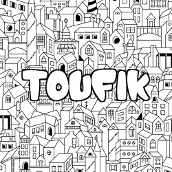 Coloring page first name TOUFIK - City background