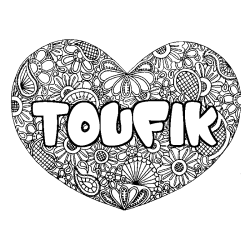 Coloring page first name TOUFIK - Heart mandala background