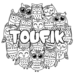 Coloring page first name TOUFIK - Owls background