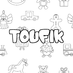 Coloring page first name TOUFIK - Toys background