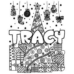 Coloring page first name TRACY - Christmas tree and presents background