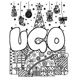 Coloring page first name UGO - Christmas tree and presents background