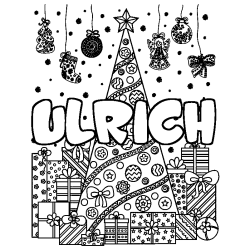 Coloring page first name ULRICH - Christmas tree and presents background