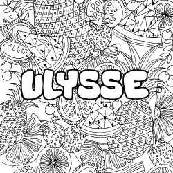 Coloring page first name ULYSSE - Fruits mandala background